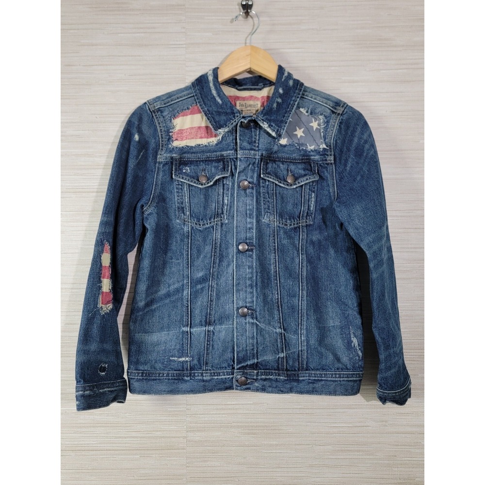 Polo Ralph Lauren Girls Denim Jacket USA Flag Distressed Size 18 Youth XL‎